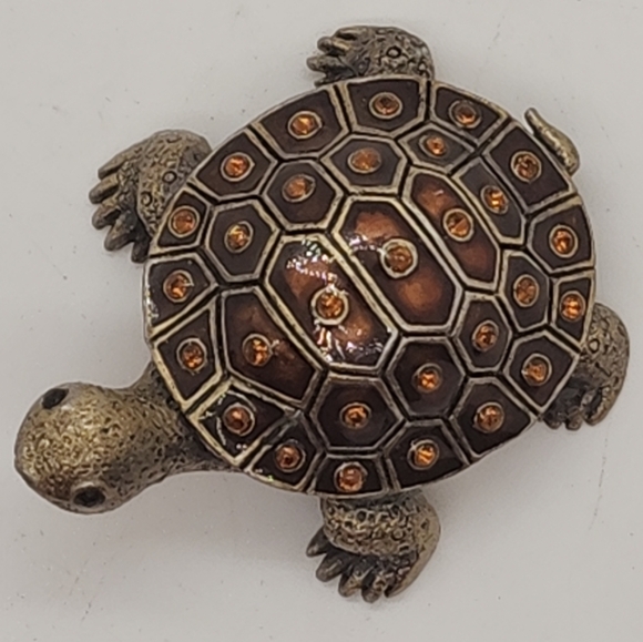 Turtle Enamel Topaz Rhinestone Brass Hinged Pill Trinket Box Vintage Tortoise - Picture 4 of 13